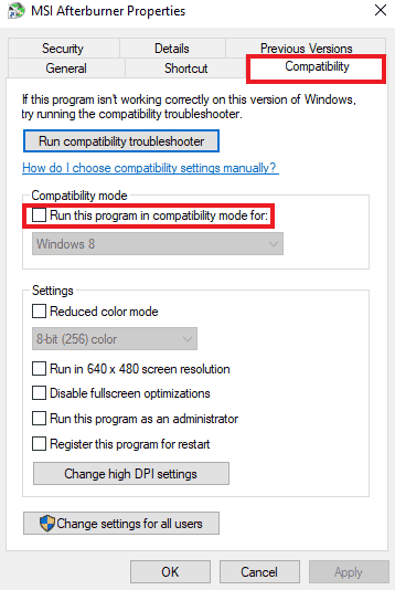 Check the box for Run this program in compatibility mode