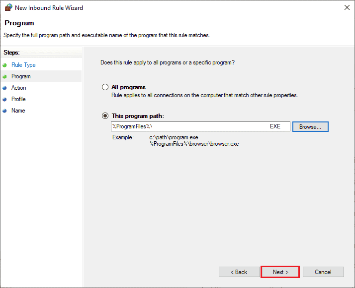 click on Next in the New Inbound Rule Wizard window