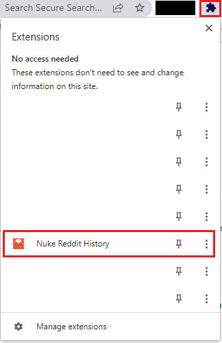 Click on the Extensions icon from the toolbar and click on the Nuke Reddit History extension