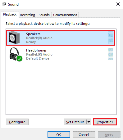 Then, select the audio device Speakers and click on the Properties button | Fix Your Mic is Muted by System Settings in Google Meet