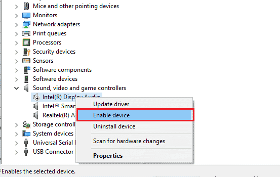 Again, repeat Steps 1 and 2. Now, right-click on the disabled sound card and click on Enable device