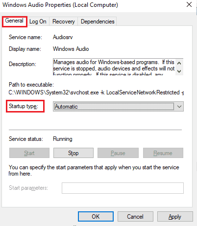 If the Service status is Stopped, then click on the Start button. If the Service status is Running, click on Stop and Start it again.