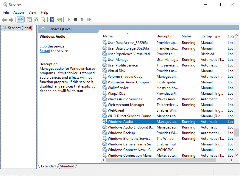Now, scroll down and double-click on the Windows Audio service.
