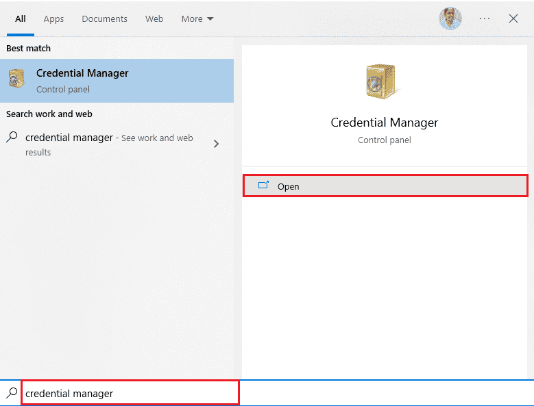 Hit the Windows key and type Credential manager. Then, click on Open.