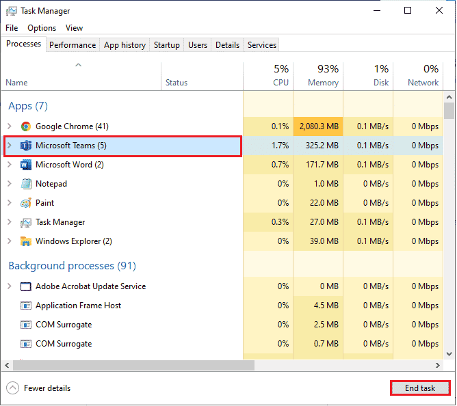 Now, search and click on Microsoft Teams. Then, click on End task