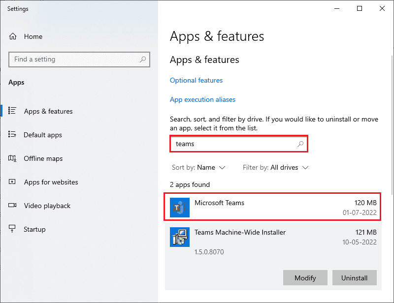 Now, search Teams in the search menu and click on Microsoft Teams