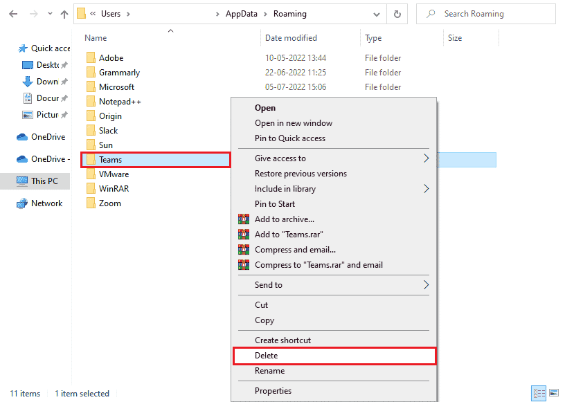 right-click on the Teams folder and click on the Delete option