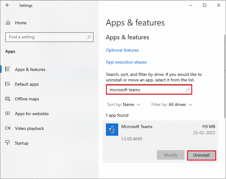 Now, search and click on Microsoft Teams and select Uninstall option