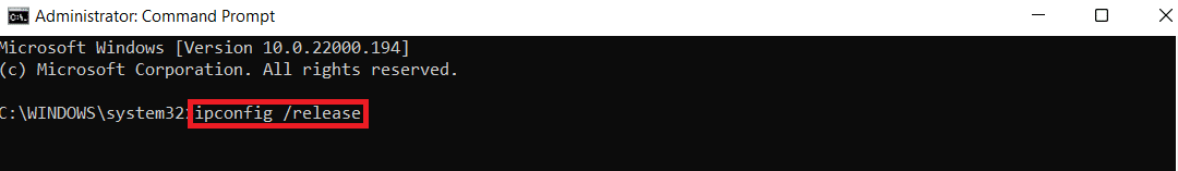 Command prompt running ipconfig release