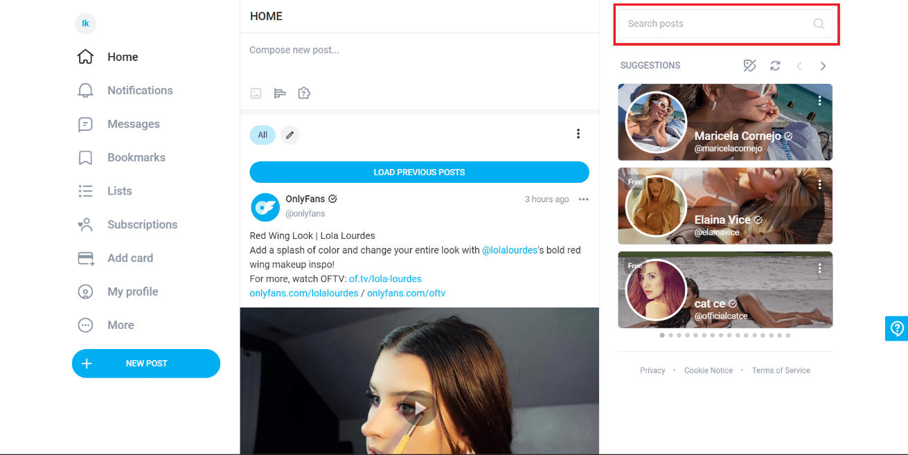 Enter the username on the Search posts bar 
