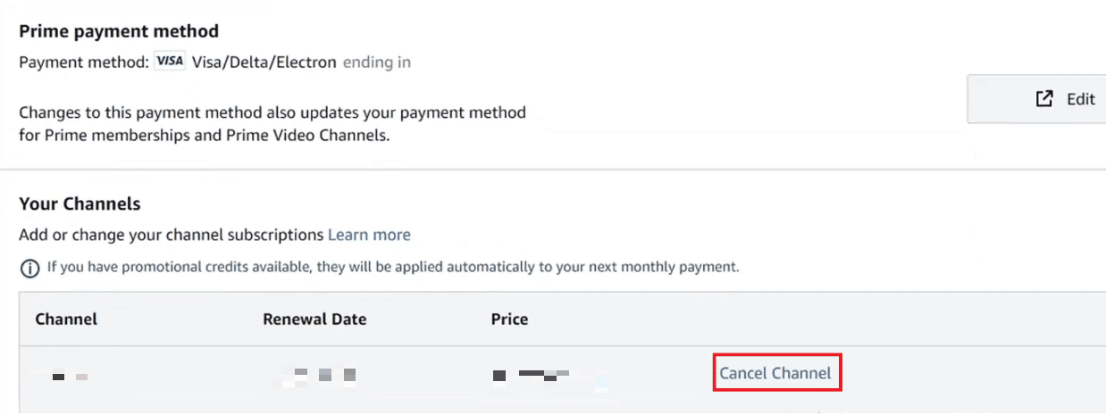 Click on the Cancel channel option next to the BET Plus channel