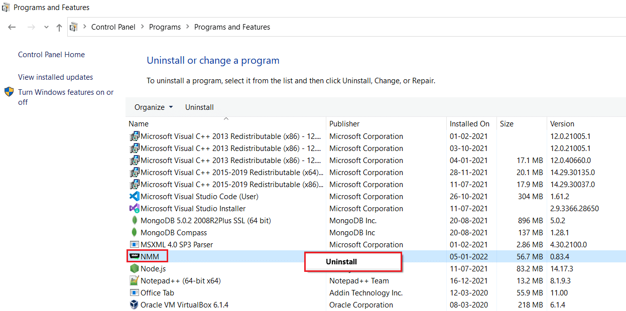 uninstall Nexus Mode Manager NMM from programs and features