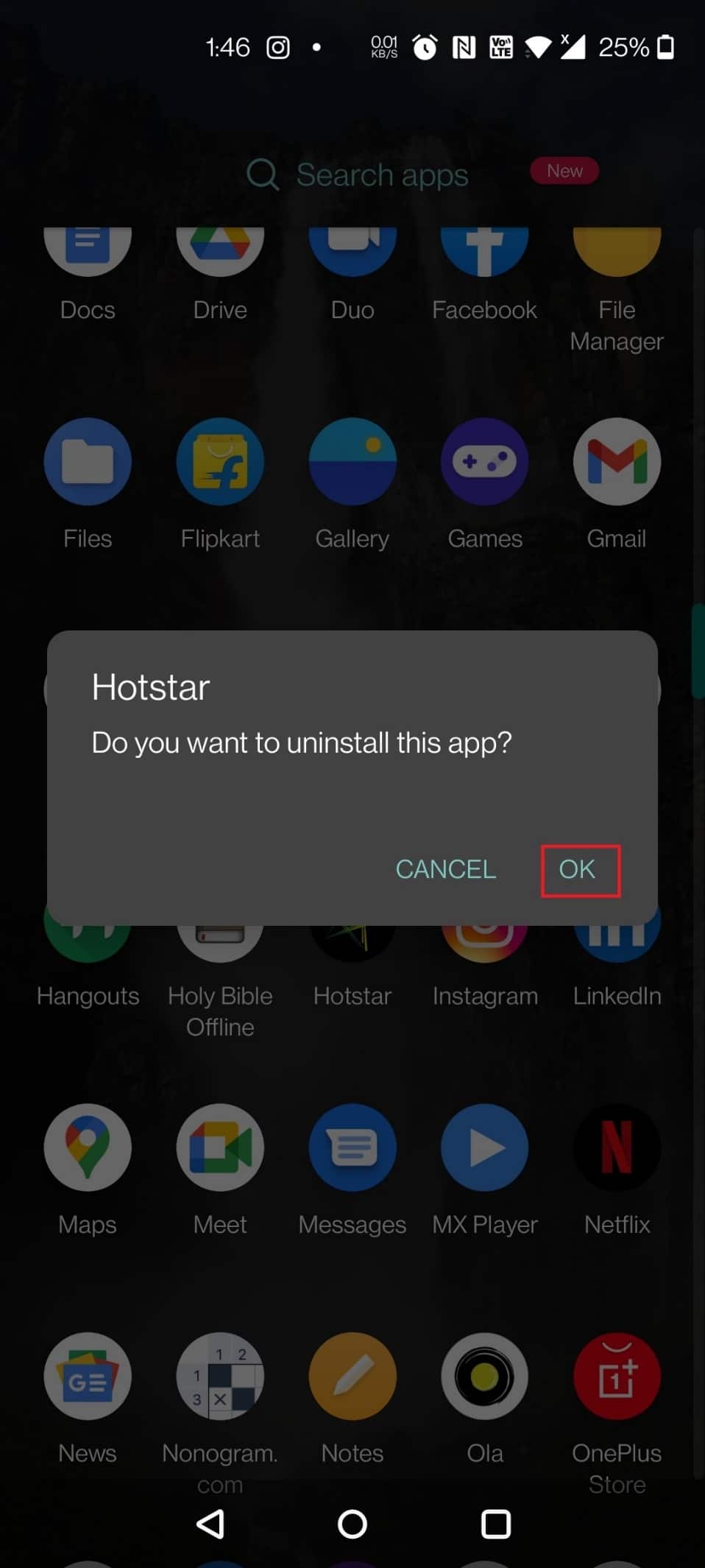 Tap on OK to confirm the prompt