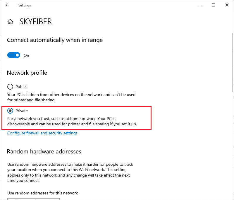 click on the Private radio button under the Network profile 