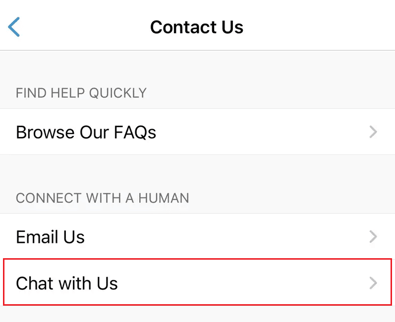 Tap on Chat with Us under the CONNECT WITH A HUMAN section | How to Unfreeze Venmo Account