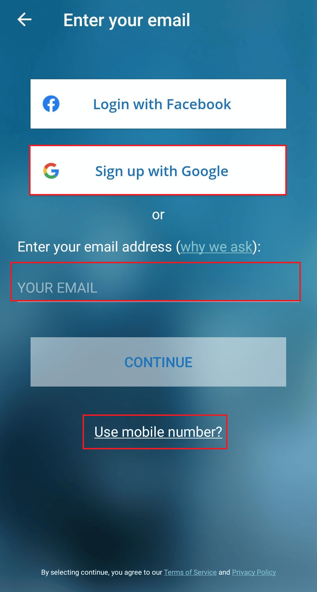 Sign up in Talkatone with Google, email address, phone number