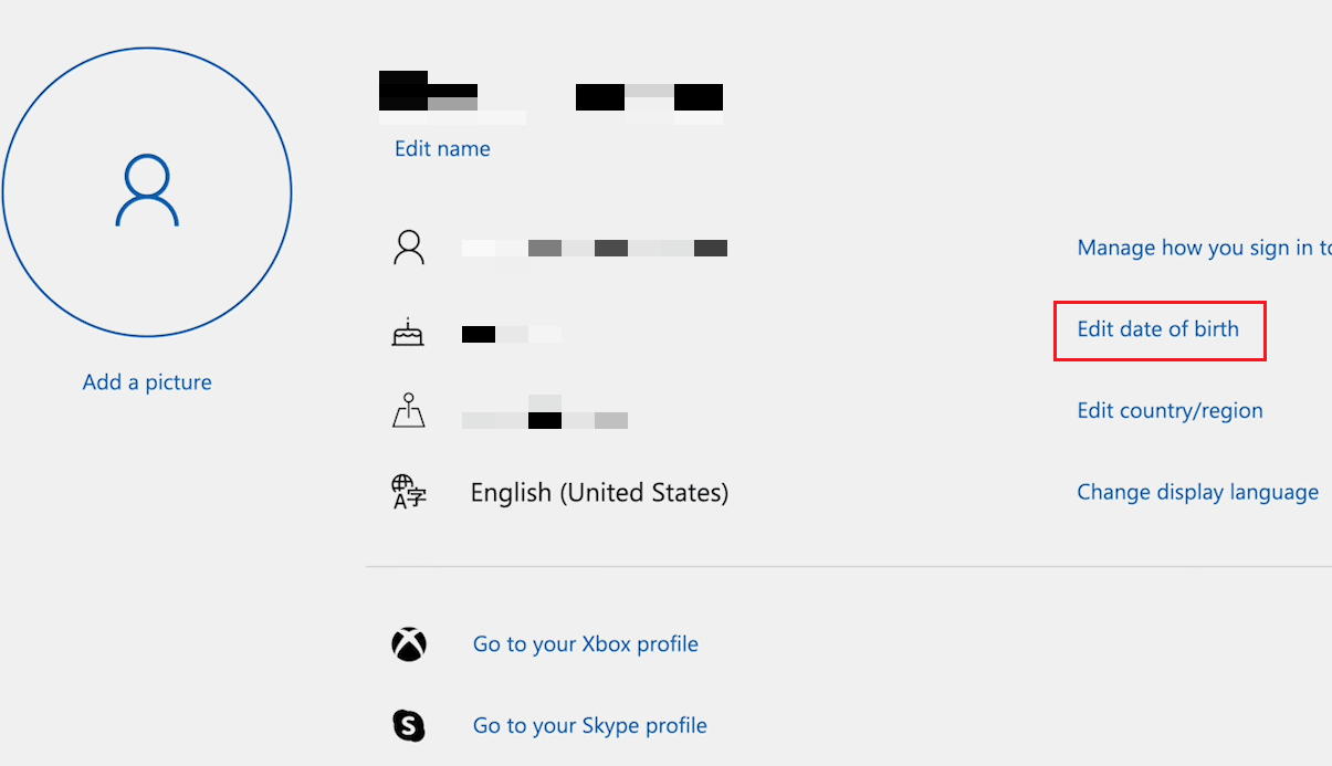 click on the Edit date of birth option next to your birth date