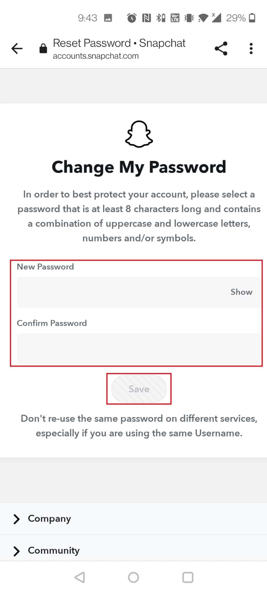 Enter the password twice and tap on Save to reset the password