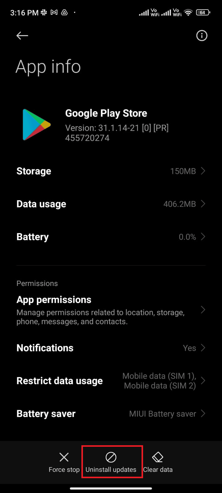 tap on Uninstall updates 