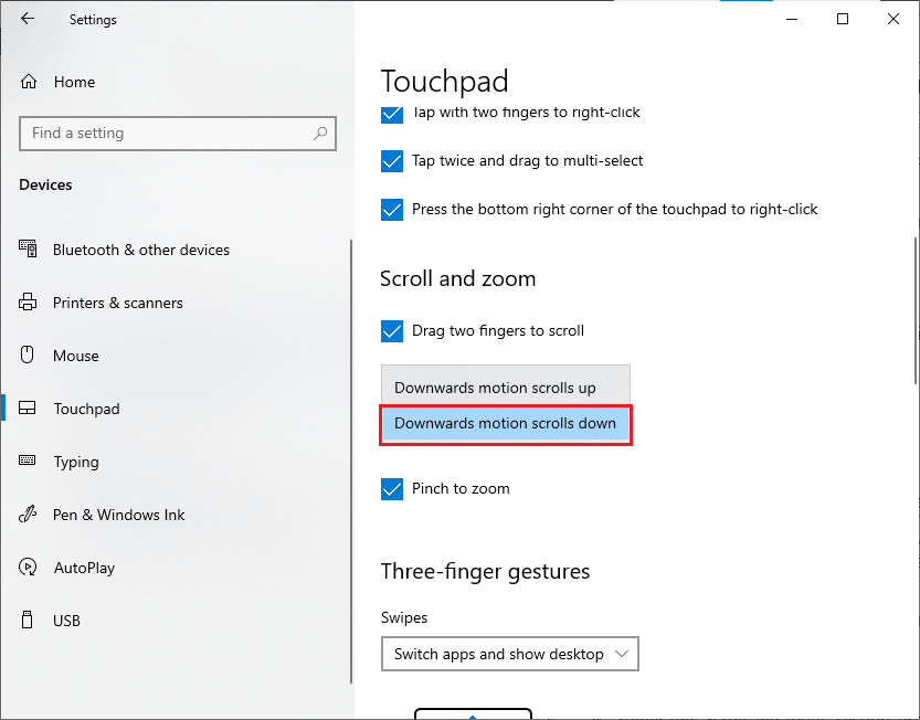 Go to the Scroll and zoom section in the right pane and choose Downwards motion scrolls down 