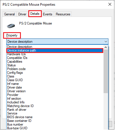 Switch to the Details tab and select the Device instance path option