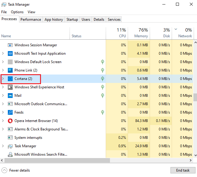 Right click on Cortana process