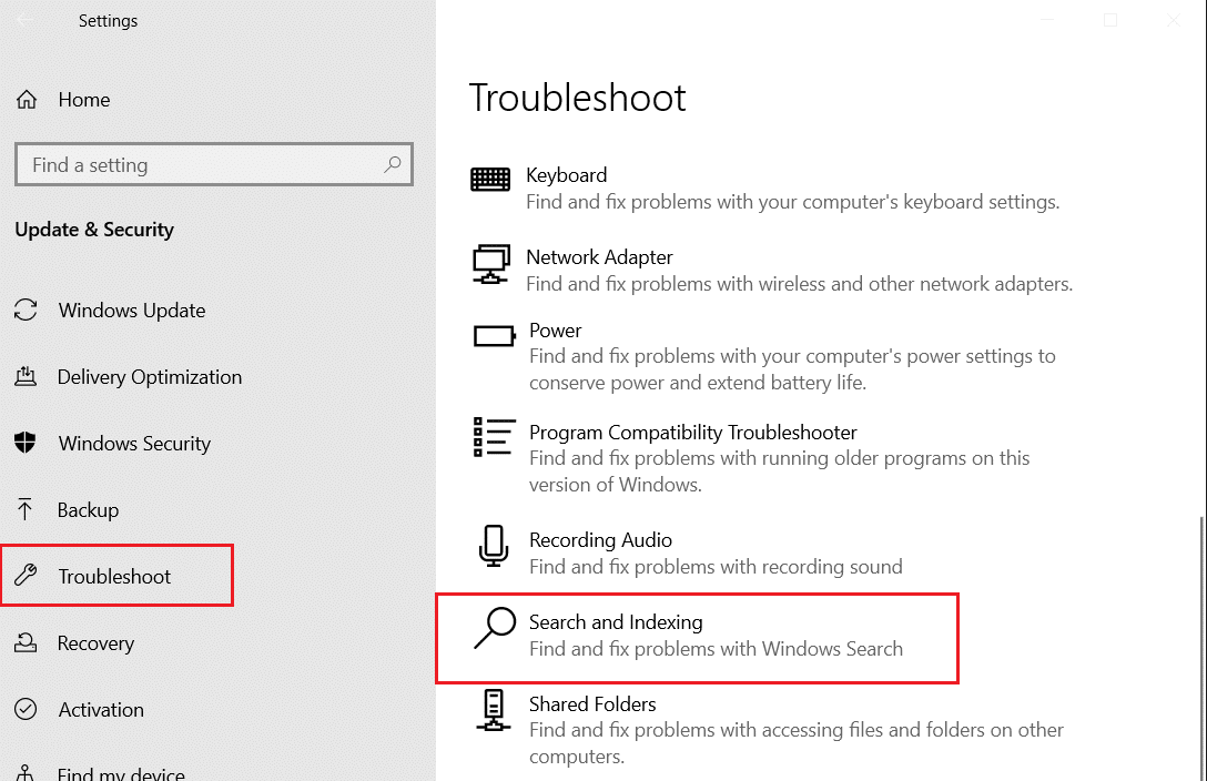 select search and indexing troubleshooter