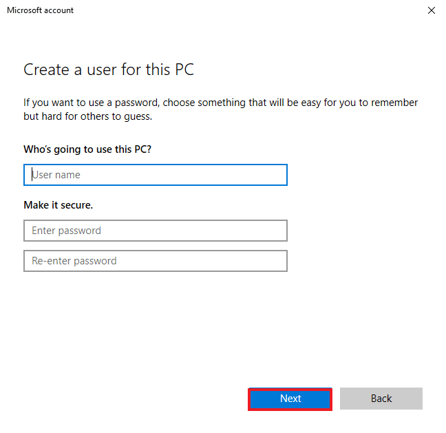 Fill the details and click next. Fix SearchUI.exe Suspended Error on Windows 10