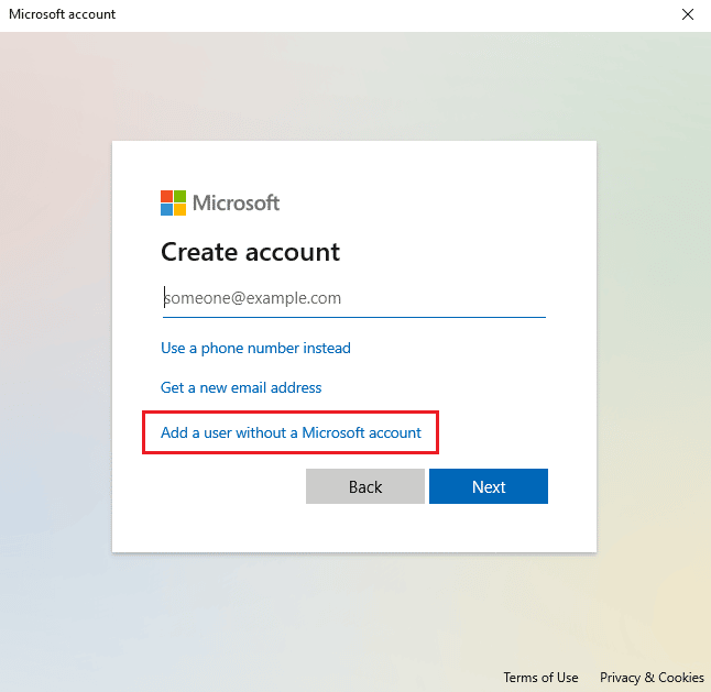 Select Add a user without a Microsoft account