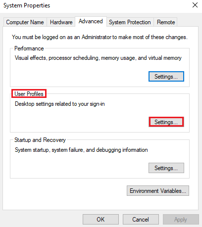 Click Settings in User Profiles