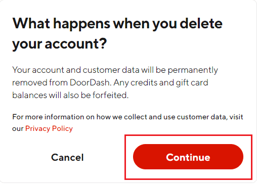 click on the Continue option | How to Remove DoorDash Card as Payment Method