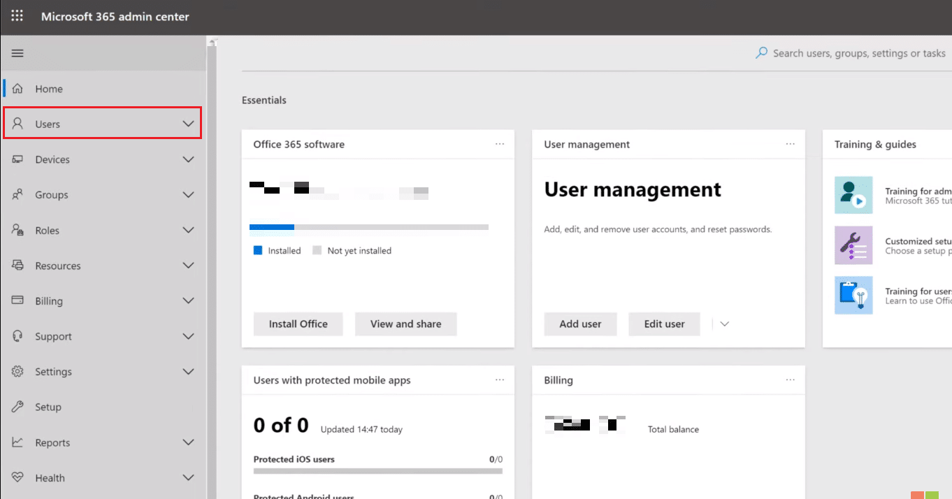 user microsoft office admin center