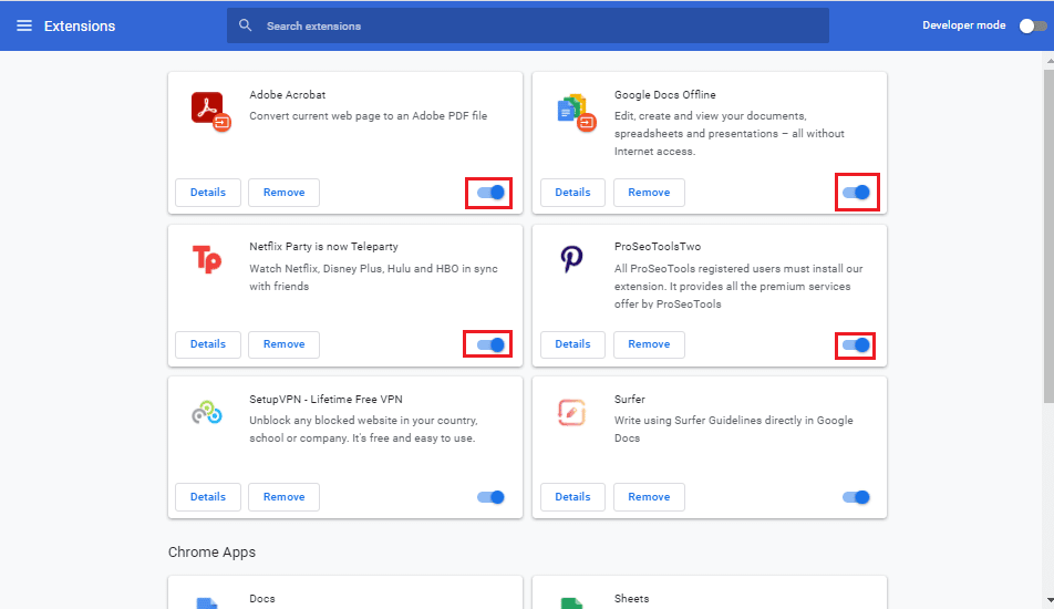 Toggle off extensions. Fix Outlook Error 500