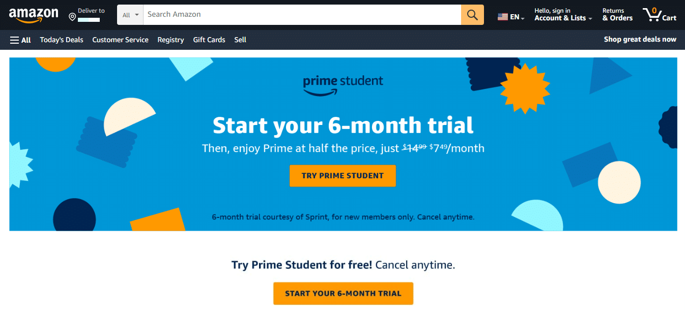 amazon student free trial subscription page