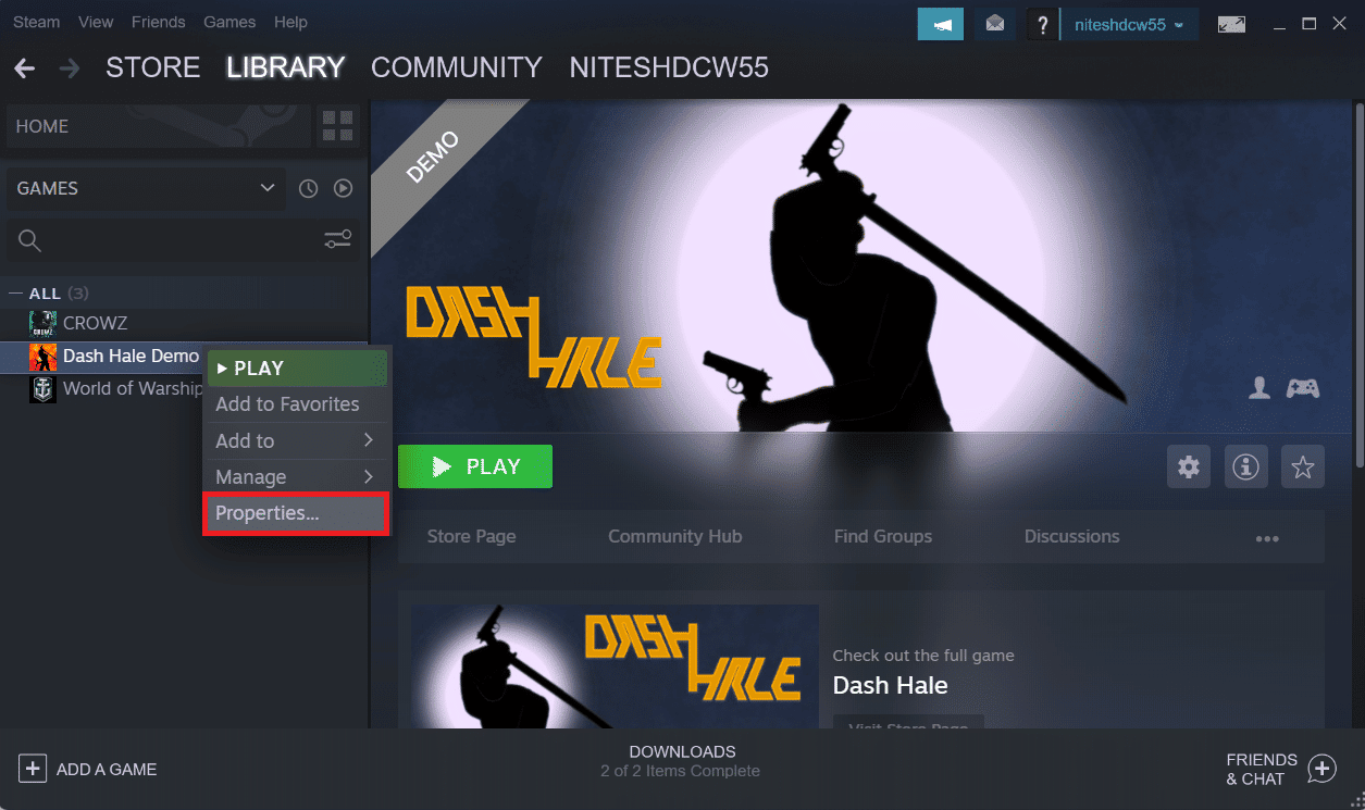 click the Properties option