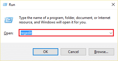 Type regedit in the given field and press the Enter key from the keyboard