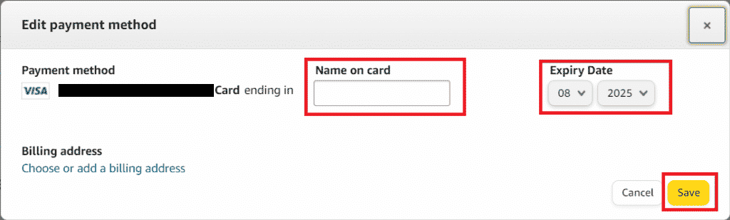 Modify the desired fields, such as Name on card and Expiry date - Click on Save