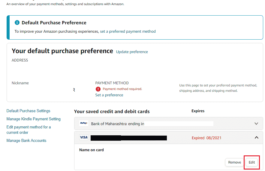 Click on Edit from the expanded menu | How to See Full Credit Card Number on Amazon