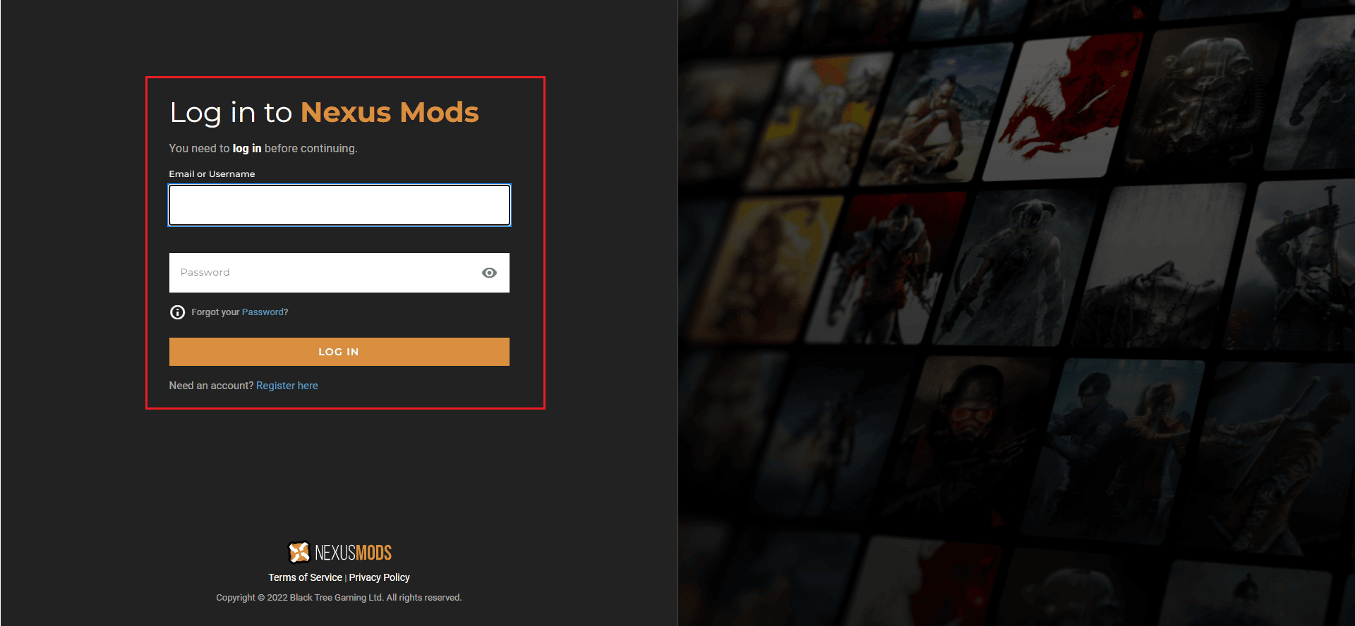 log in vortex mod manager page