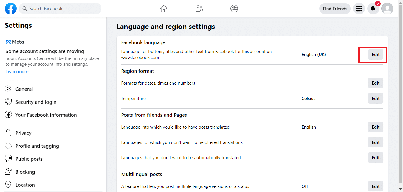 click on Edit besides Facebook language option. | How to Change the Language on Facebook Back to English