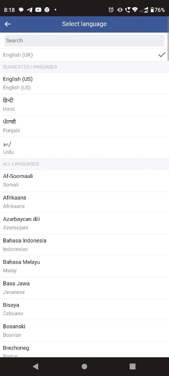 Tap on the preferred language option | How to Change the Language on Facebook Back to English