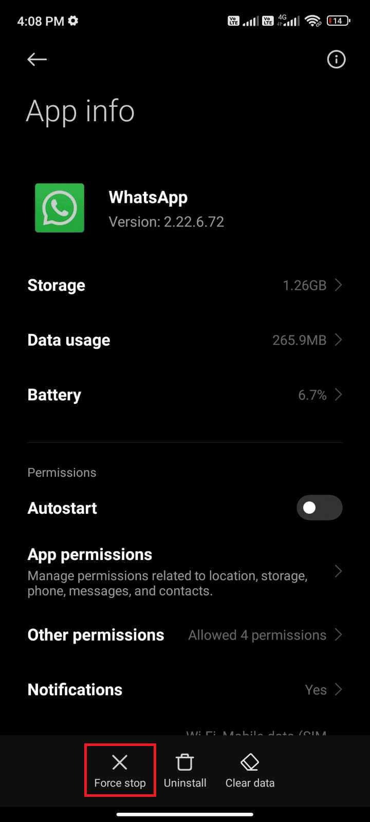 tap on the Force stop option