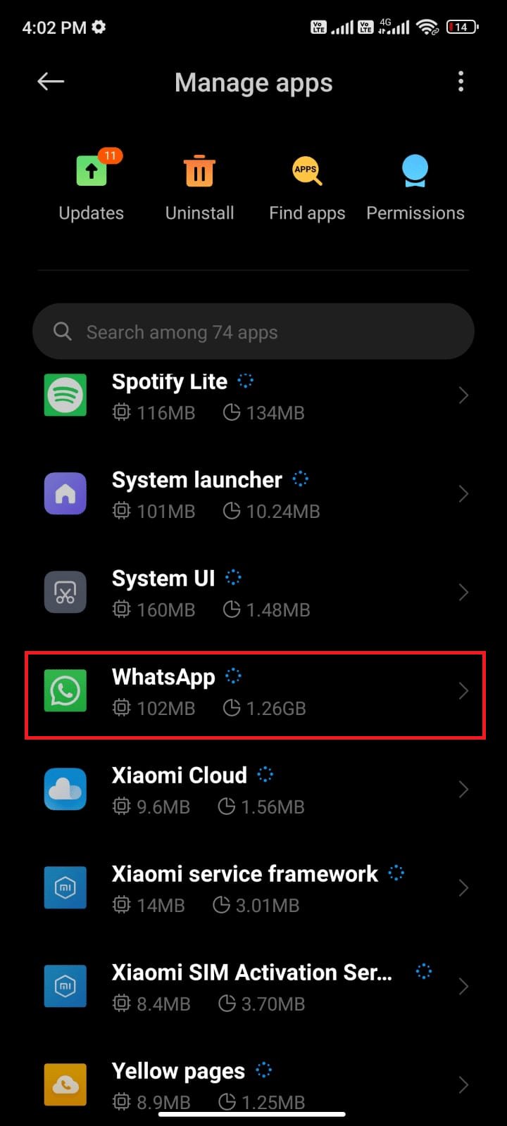 tap on Manage apps and then WhatsApp 