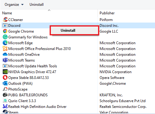 Select Uninstall
