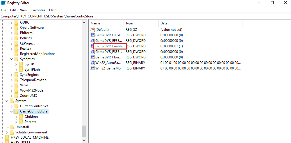 Locate GameDVR Enabled