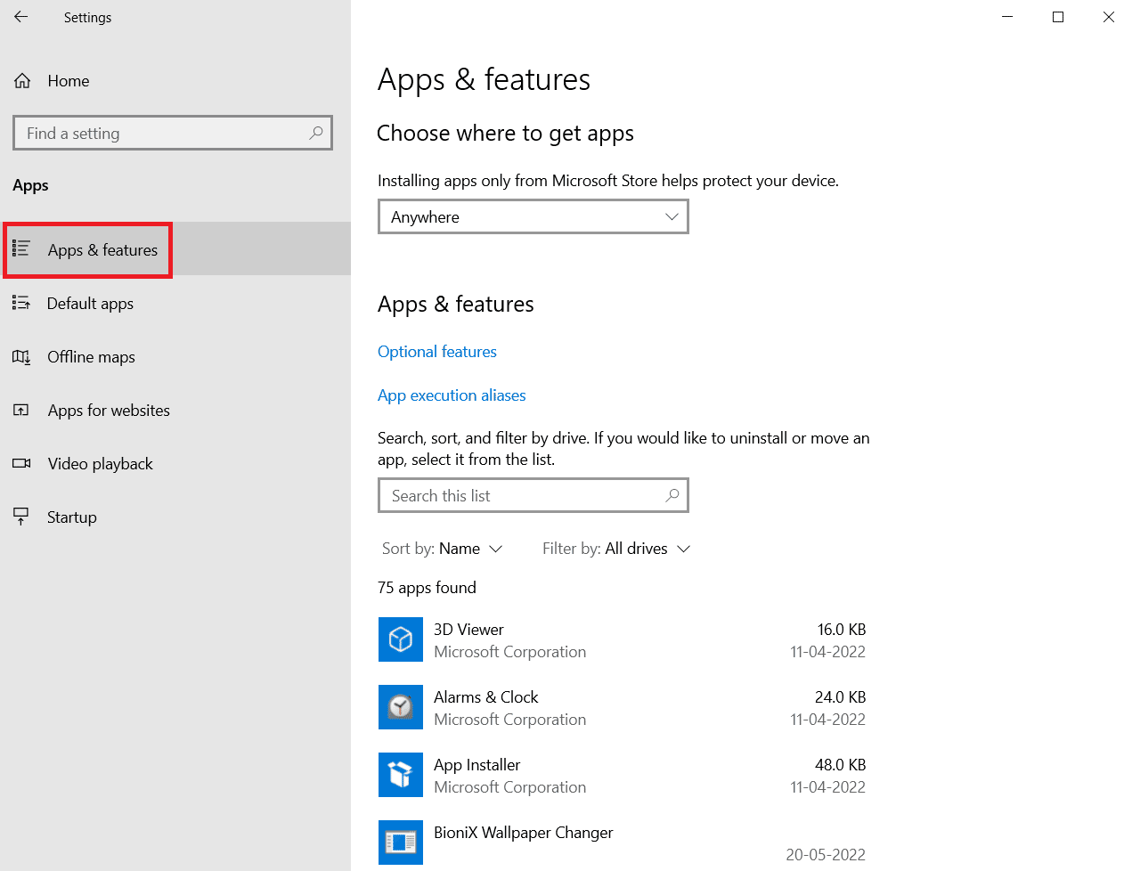 click on Apps and features option