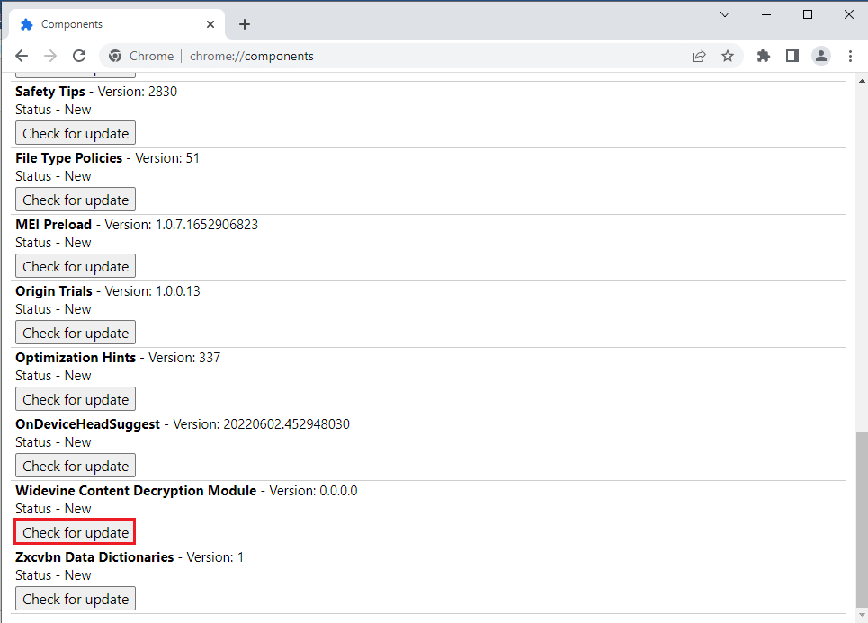 Click on the Check for update button on the Widevine Content Decryption Module component