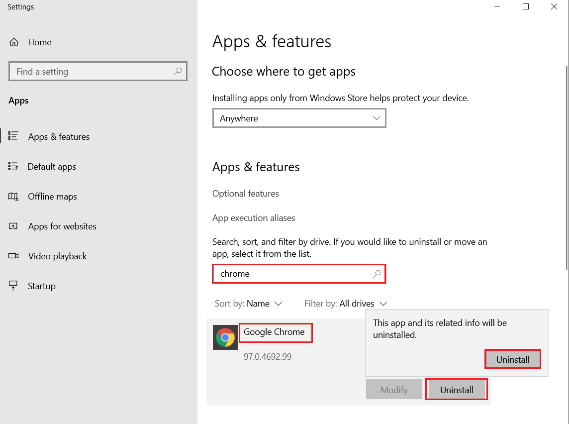 uninstall Google Chrome browser from Apps and Features