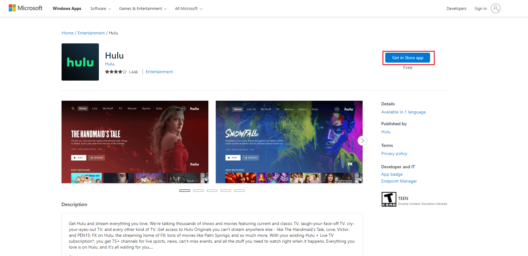 download hulu app microsoft store page