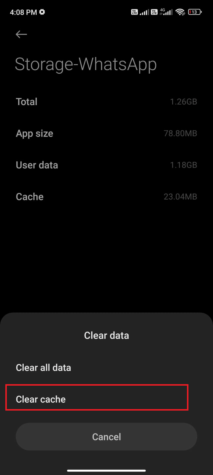 tap Clear data followed by Clear cache option